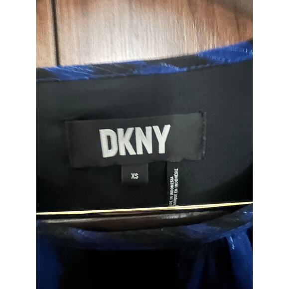 DKNY Blouse XS Blue Black Long Sleeve Sheer Top Ruffle Cuff Women’s Shirt - Picture 4 of 9